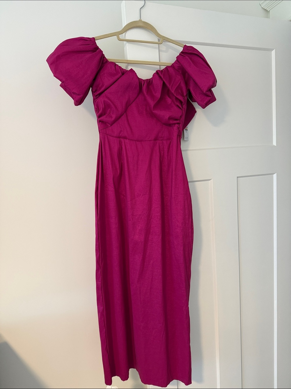 Abercrombie & Fitch Magenta One-Shoulder Puff-Sleeve Midi Dress
